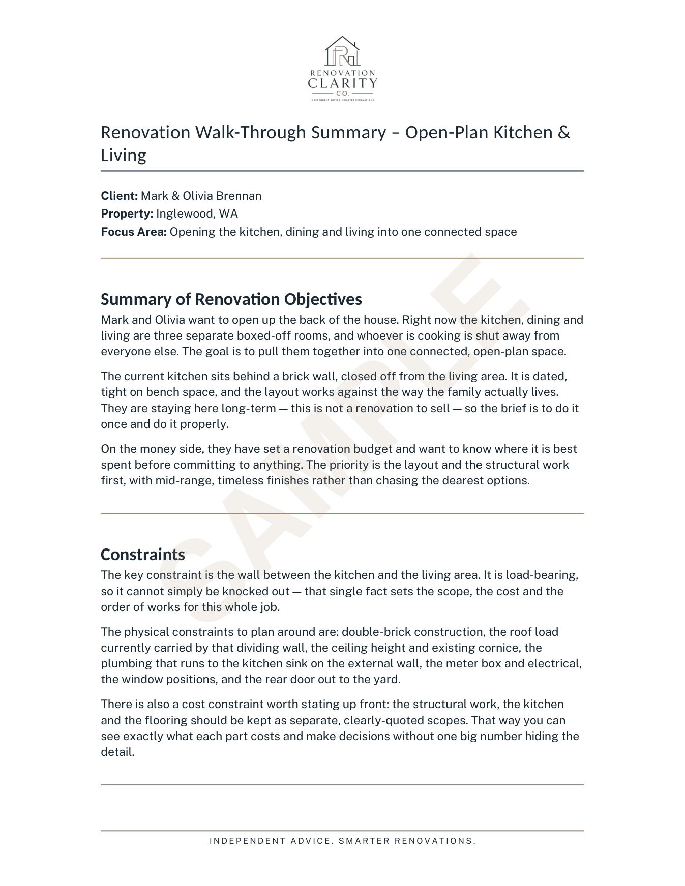 Sample Renovation Walk-Through Summary report cover